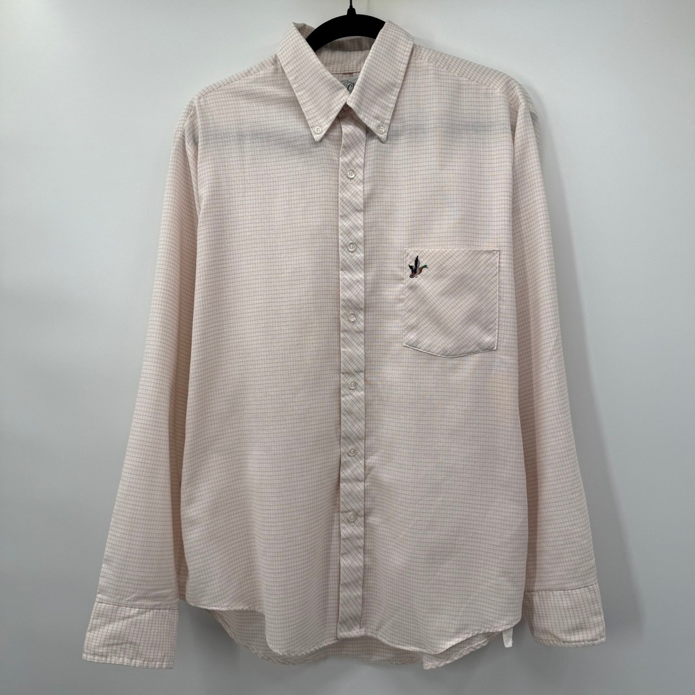 Cove Creek Mens Size Large Button Down Shirt Peach Check Mallard Duck Embroidery